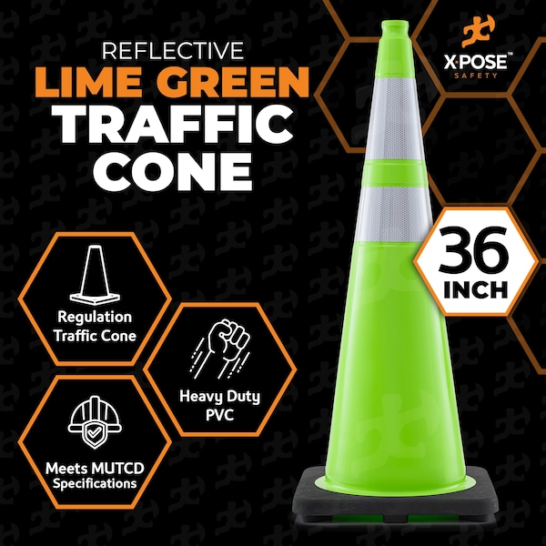 Xpose Safety Traffic Cone, PVC, 36" Height, Lime - LTC36-64-12-X