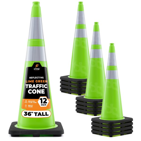 Xpose Safety Traffic Cone, PVC, 36" Height, Lime - LTC36-64-12-X
