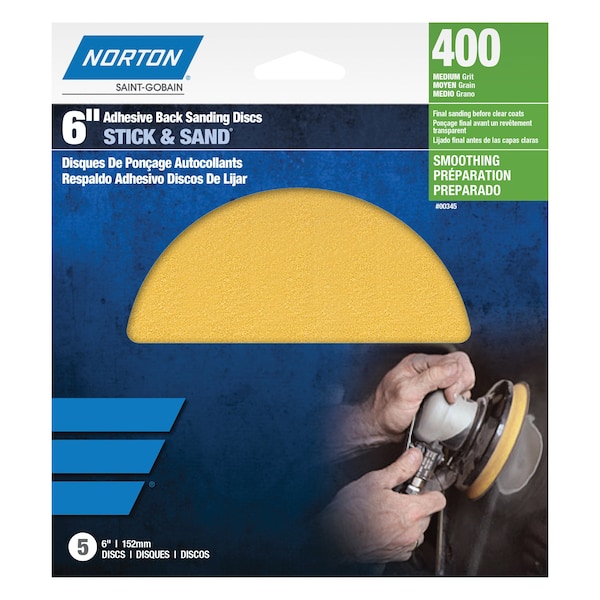 Norton Abrasives 6 In. Stick & Sand Paper PSA Disc A290 Aluminum Oxide P220 Grit, 5PK - 7660700347