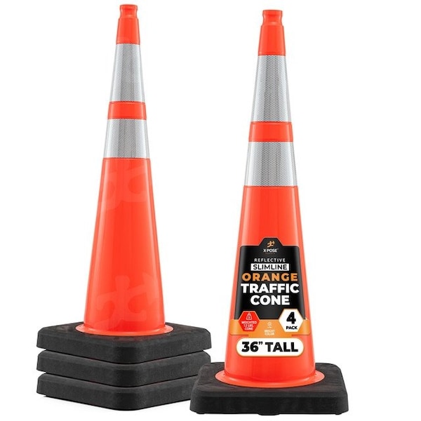 Xpose Safety 36 In Orange Slim Line Traffic Cones with 6 & 4 Collars, 4-PK - OTC36SL-64-12L-4-X-S