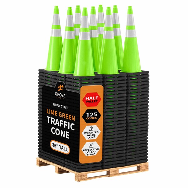Xpose Safety Traffic Safety Cone, PVC, 36 in Height, 15 in Length, Lime Green - LTC36-64-HP125-X