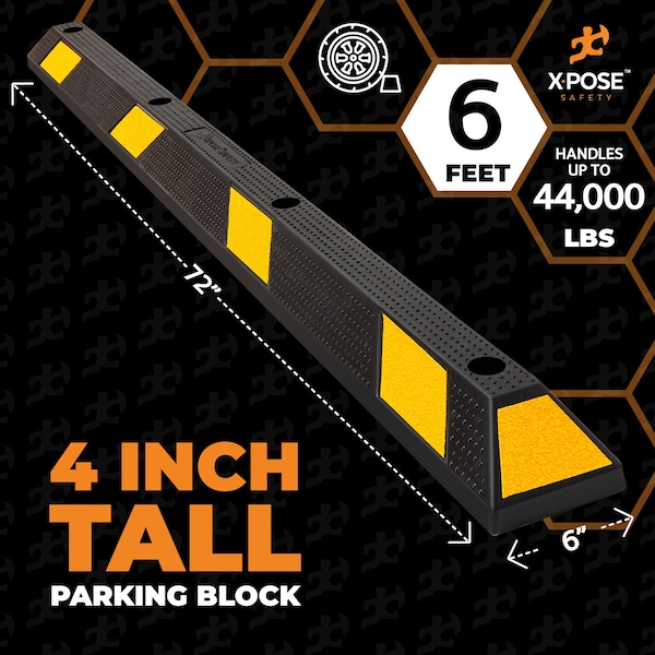 Xpose Safety Parking Block, Rubber, 6 in Height, 72 in Length, Black/Yellow - PBS-6-10-X-S