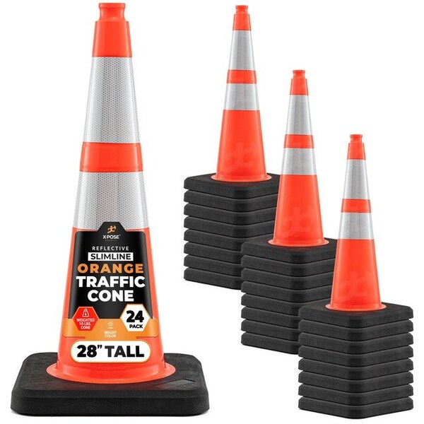Xpose Safety 28 In Orange Slim Line Traffic Cones with 6 & 4 Collars, 24-PK - OTC28SL-64-10L-24-X