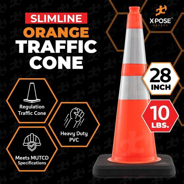 Xpose Safety 28 In Orange Slim Line Traffic Cones with 6 & 4 Collars, 24-PK - OTC28SL-64-10L-24-X