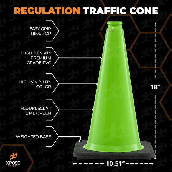 Xpose Safety Traffic Safety Cone, PVC, 18 in Height, 11 in Length, Lime Green - LTC18-HP450-X