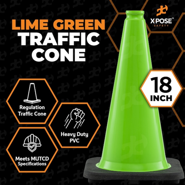 Xpose Safety Traffic Safety Cone, PVC, 18 in Height, 11 in Length, Lime Green - LTC18-HP450-X