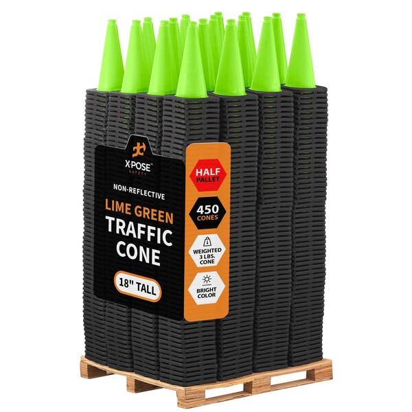 Xpose Safety Traffic Safety Cone, PVC, 18 in Height, 11 in Length, Lime Green - LTC18-HP450-X
