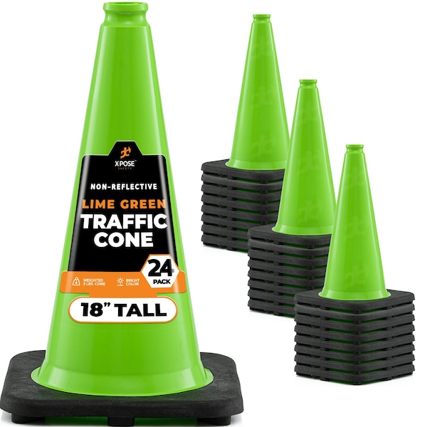 Xpose Safety Traffic Safety Cone, PVC, 18 in Height, 11 in Length, Lime Green - LTC18-24-X-S