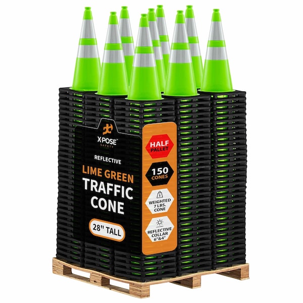 Xpose Safety Traffic Safety Cone, PVC, 28 in Height, 14 in Length, Lime Green - LTC28-64-HP150-X