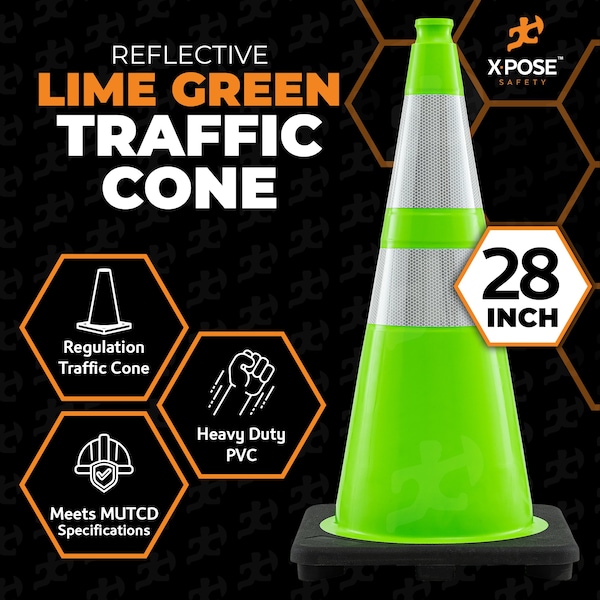 Xpose Safety Traffic Safety Cone, PVC, 28 in Height, 14 in Length, Lime Green - LTC28-64-HP150-X