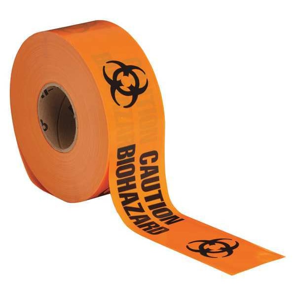 Zoro Select Barricade Tape, Caution Biohazard, Orange, 3 in Wide x 1,000 ft Length, Polyethylene, 3 mil - 91448