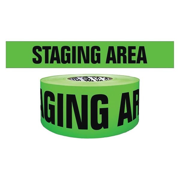 Zoro Select Barricade Tape, Staging Area, Fluorescent Green, 6 1/4 in Wide x 1,000 ft Length, Polyethylene - B6102G4440-200