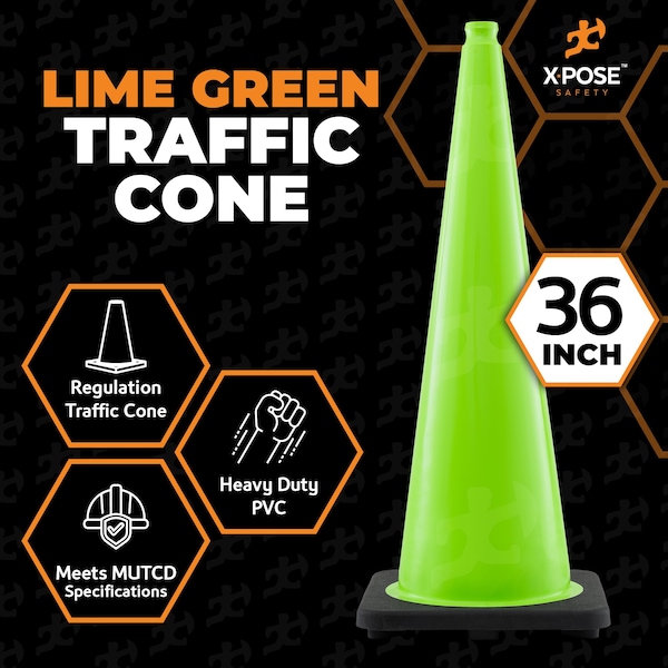 Xpose Safety Traffic Safety Cone, PVC, 36 in Height, 15 in Length, Lime Green - LTC36-HP125-X