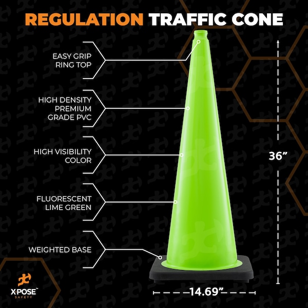 Xpose Safety Traffic Safety Cone, PVC, 36 in Height, 15 in Length, Lime Green - LTC36-48-X