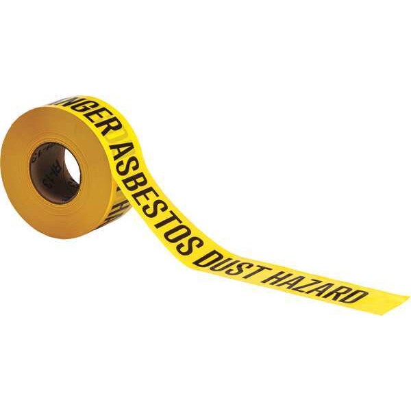 Zoro Select Barricade Tape, Danger Asbestos Dust Hazard, Yellow, 3 in Wide x 1,000 ft Length, Polyethylene - 91456