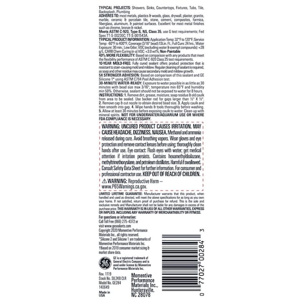 Silicone Ii GE Advanced Clear Silicone 2 Kitchen and Bath Caulk Sealant 2.8 oz - GE284