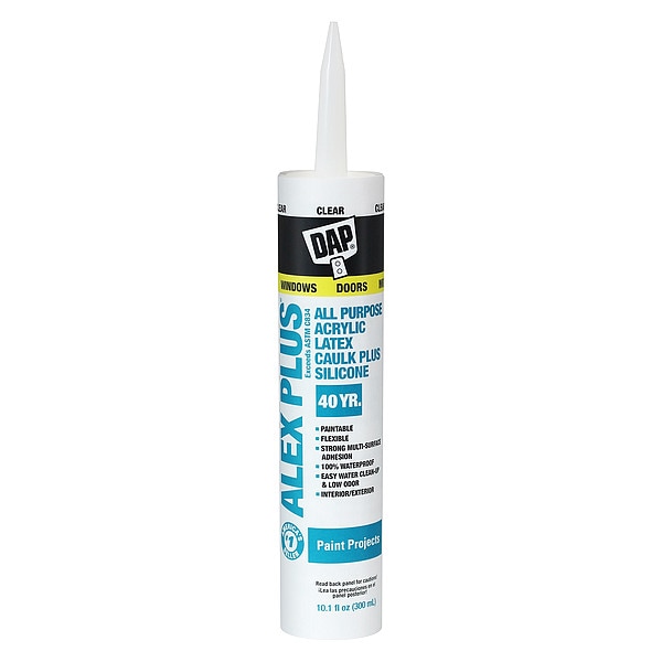 Dap Silicone Caulk, 10 oz, Cartridge, Clear, Silicone Base, Alex Plus - 7079818156