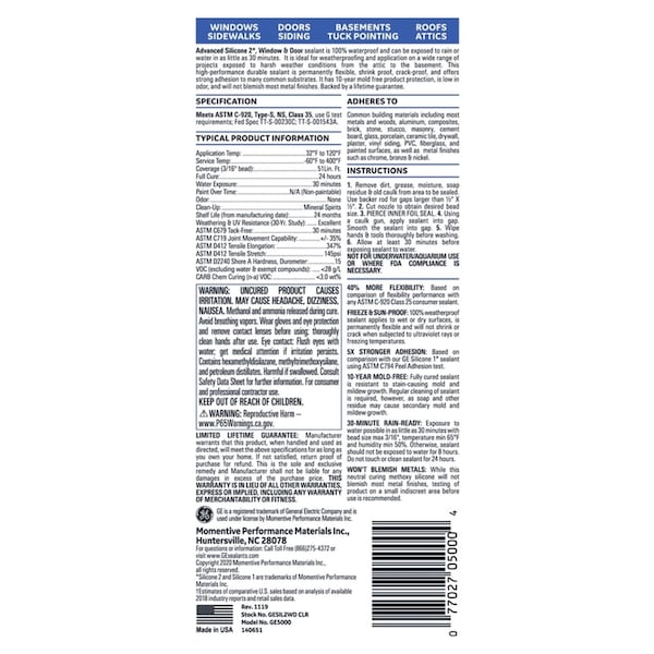 Silicone Ii GE Advanced Clear Silicone 2 Window and Door Caulk Sealant 10.1 oz - GE-5000