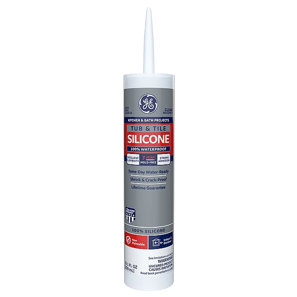 Ge Silicone Sealant, 10 oz, Cartridge, Clear, Silicone Base, Tub & Tile - 2749485