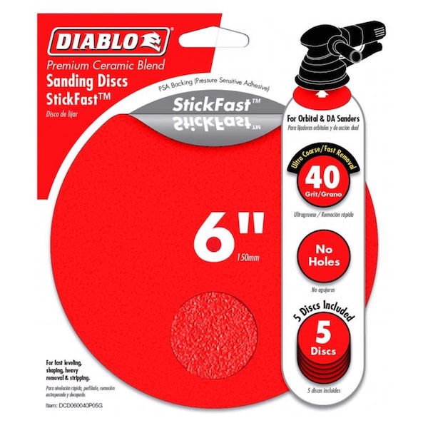 Diablo Diablo StickFast 6 in. Ceramic Blend Adhesive ROS Sanding Disc 40 Grit Ultra Coarse 5 pk - DCD060040P05G