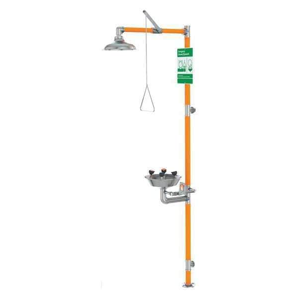 Guardian Equipment Shower with Eyewash, Floor Mount, Stainless Steel Pipe, Stainless Steel Bowl, Orange - G1994
