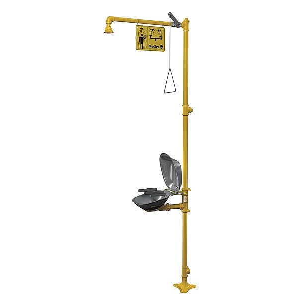 Bradley Shower with Eyewash, Floor Mount, Galvanized Steel Pipe, 94 1/8 in H, Stainless Steel Bowl, Yellow - S19314DCFW