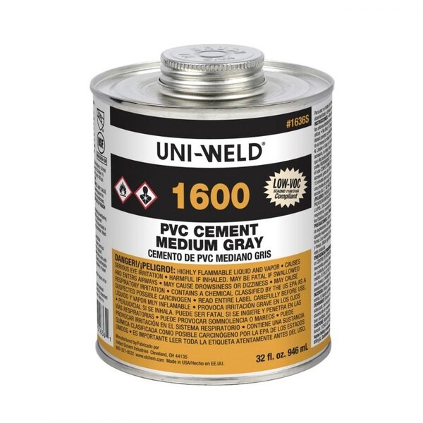 United Elchem 1636S LOW VOC PVC SOLVENT CEMENT, 32 OZ, OPAQUE LIQUID, GRAY, 093  002 - 1636S