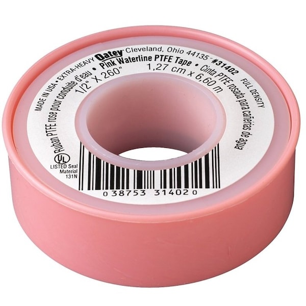 Oatey Thread Seal Tape, 260 in L, 1/2 in W, PTFE, Pink - 31402D