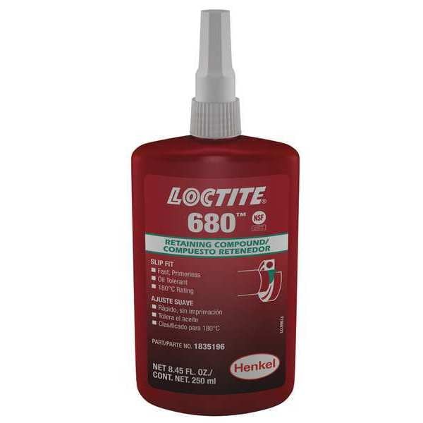 Loctite Retaining Compound, 680 Series, Green, Liquid, High Strength, 250 mL Bottle - 1835196