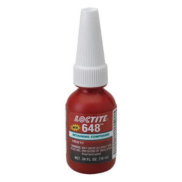 Loctite Retaining Compound, 648 Series, Green, Liquid, For Close-Fitting Parts, 10 mL Bottle - 1835922