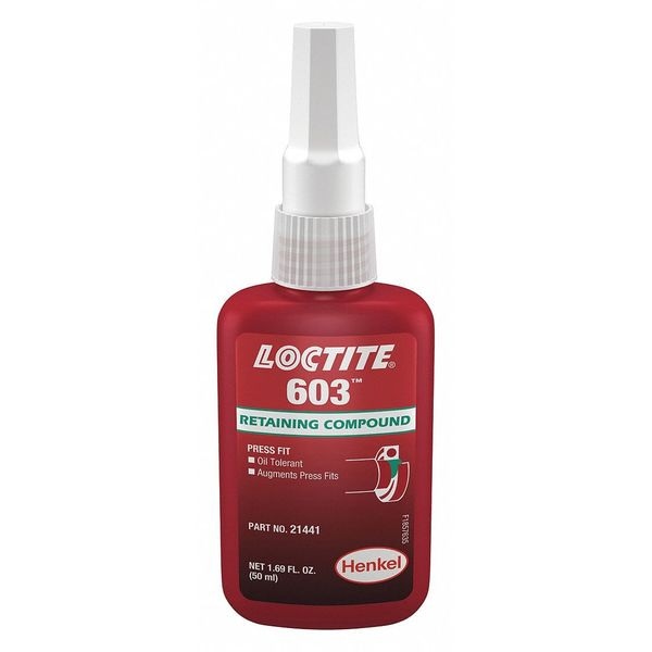 Loctite Retaining Compound, 603 Series, Green, Liquid, Press Fit, Oil Tolerant, 50 mL Bottle - 231099