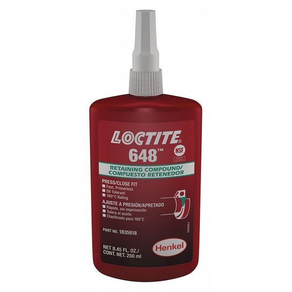 Loctite Retaining Compound, 648 Series, Green, Liquid, For Close-Fitting Parts, 250 mL Bottle - 1835918