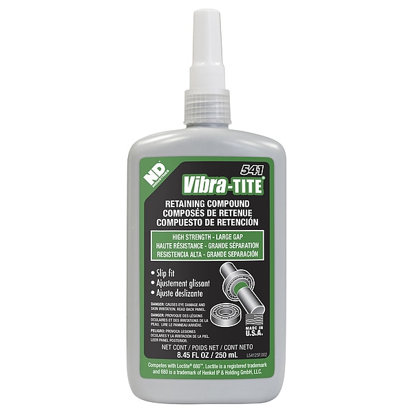 Vibra-Tite Retaining Compound, 541 Series, Green, Liquid, 250mL, Bottle - 54125