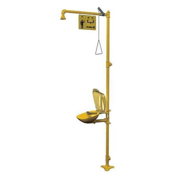 Bradley Shower with Eyewash, Floor Mount, Galvanized Steel Pipe, 94 1/8 in H, Plastic Bowl, Yellow - S19314PDC