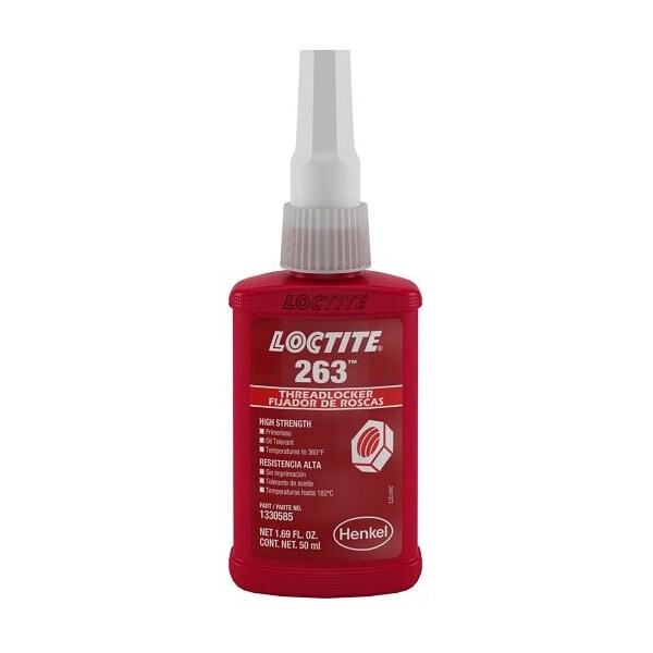 Henkel Anaerobic Threadlocker, Primerless, Bottle, 50 Ml - 263 RED 50ML IDH 1330585