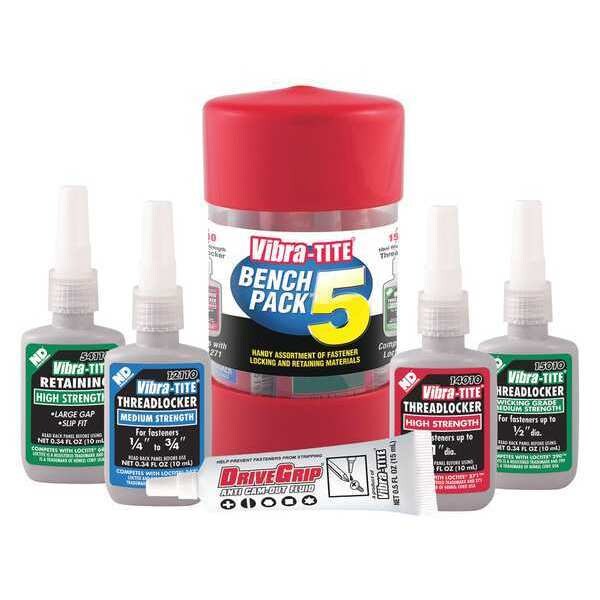 Vibra-Tite Bench Pack 5, Threadlockers (3), Retaining Compound, Anti Cam-Out Fluid, 5-Piece Assortment - 27005