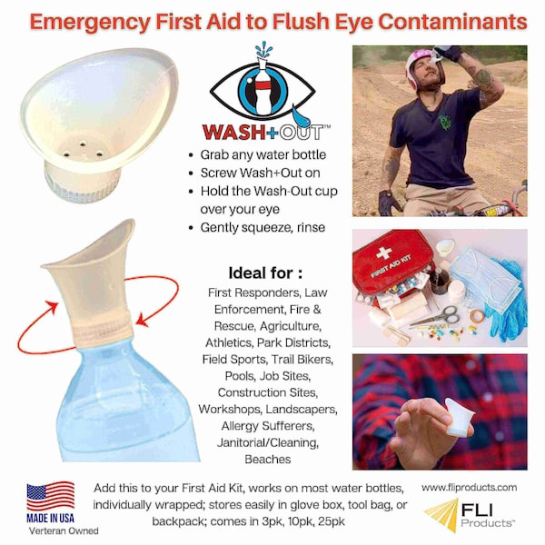 Wash+Out Eye Rinse Cup: Screws onto a Water Bottle, Comfortable & Easy-to-Use First Aid Eye Care, 10PK - 5001-10