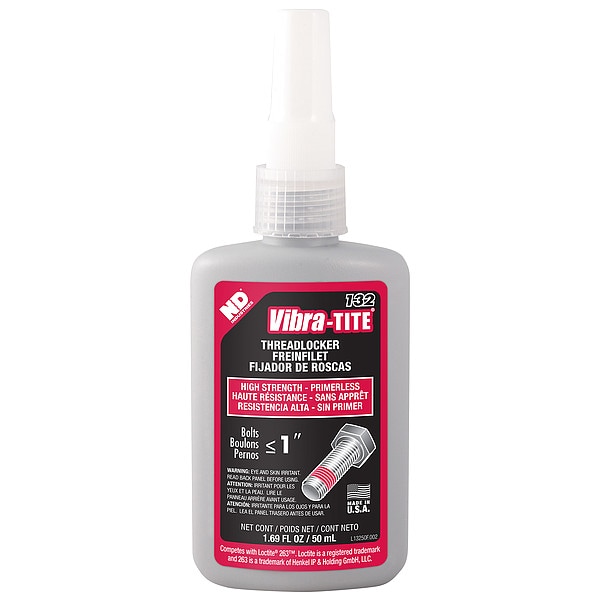 Vibra-Tite Primerless Threadlocker, VIBRA-TITE 132, Red, High Strength, Liquid, Bottle - 13250