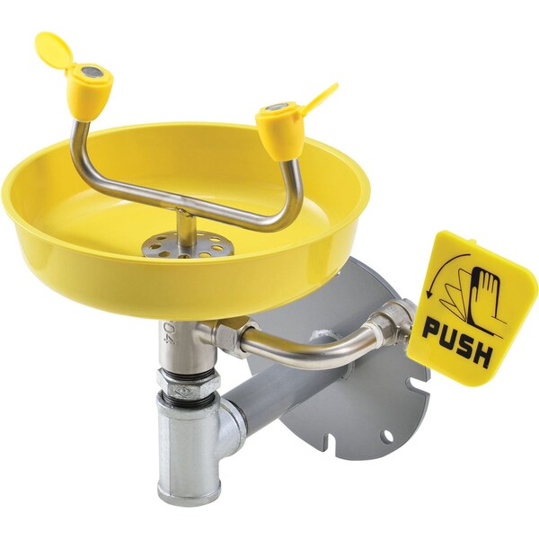 Global Industrial Wall Mounted Emergency Eyewash with Plastic Bowl, Push Handle, Yellow - 708381
