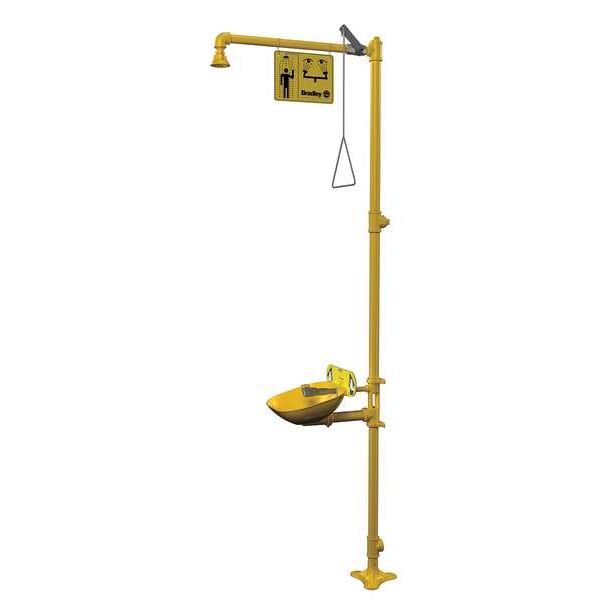 Bradley Shower with Eyewash, Floor Mount, Galvanized Steel Pipe, 94 1/8 in H, Plastic Bowl, Yellow - S19314EW
