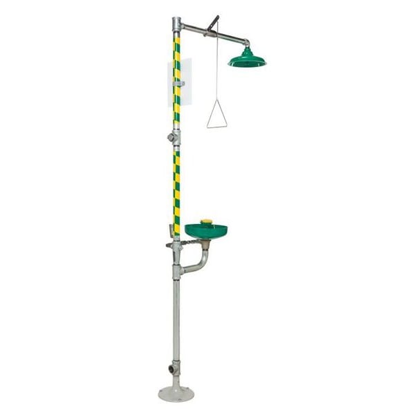 Haws Shower with Eyewash, Floor Mount, Galvanized Steel Pipe, 93 1/4 in H, Plastic Bowl, Green/Yellow - 8320-8325