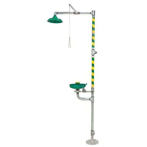 Haws Shower with Eyewash, Floor Mount, Galvanized Steel Pipe, 93 1/4 in H, Plastic Bowl, Green/Yellow - 8320-8325