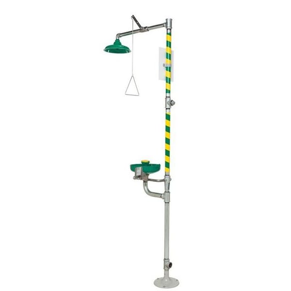 Haws Shower with Eyewash, Floor Mount, Galvanized Steel Pipe, 93 1/4 in H, Plastic Bowl, Green/Yellow - 8320-8325