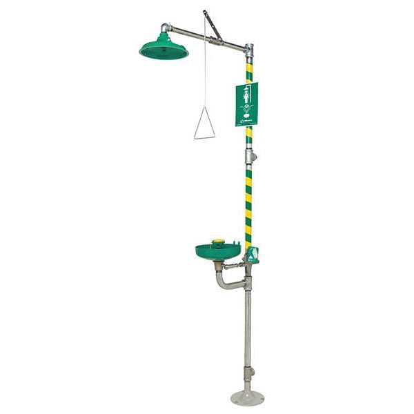 Haws Shower with Eyewash, Floor Mount, Galvanized Steel Pipe, 93 1/4 in H, Plastic Bowl, Green/Yellow - 8320-8325