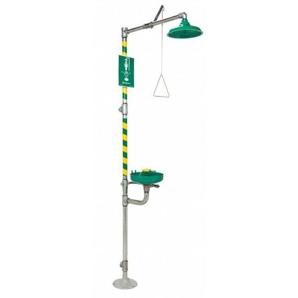 Haws Shower with Eyewash, Floor Mount, Galvanized Steel Pipe, 93 1/4 in H, Plastic Bowl, Green/Yellow - 8320-8325