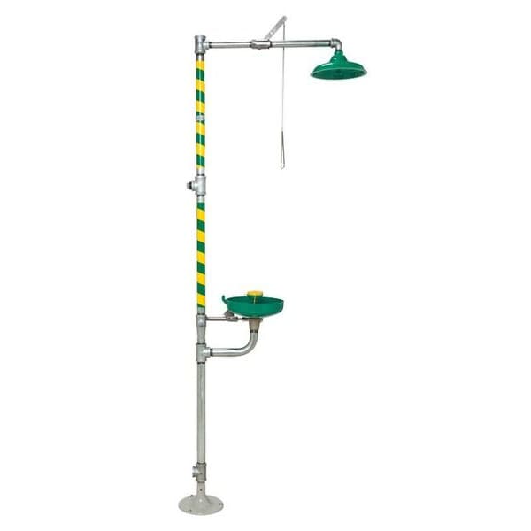 Haws Shower with Eyewash, Floor Mount, Galvanized Steel Pipe, 93 1/4 in H, Plastic Bowl, Green/Yellow - 8320-8325