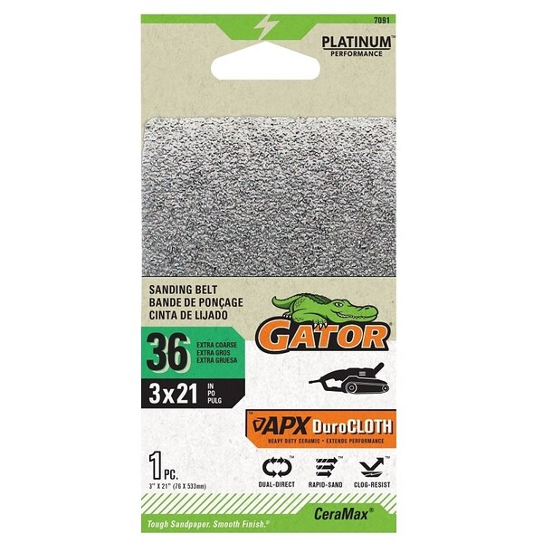Gator Portable Sander Belt, 3 in W, 21 in L, 36 Grit, Ceramic Abrasive - 7091