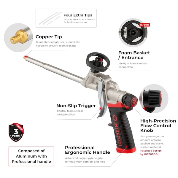 Intertool Spray Foam Gun, Sealant Insulation, Teflon Basket & Professional Handle - PT08-0609