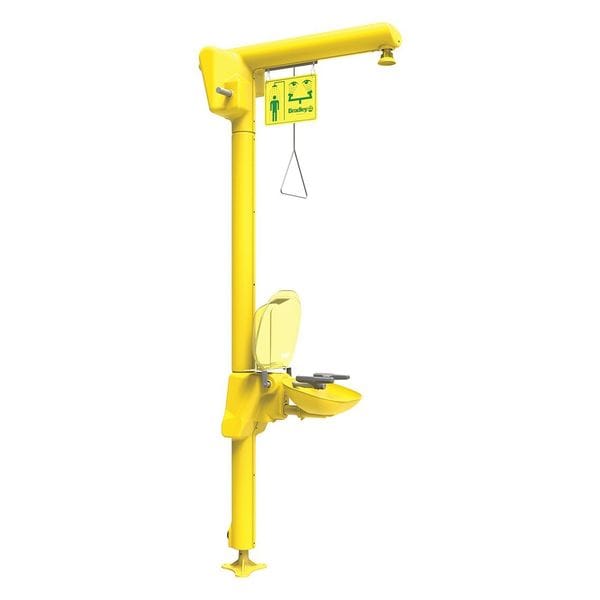 Bradley Shower with Eyewash, Floor Mount, Galvanized Steel Pipe, 93 3/4 in H, Plastic Bowl, Yellow - S19-304D2T
