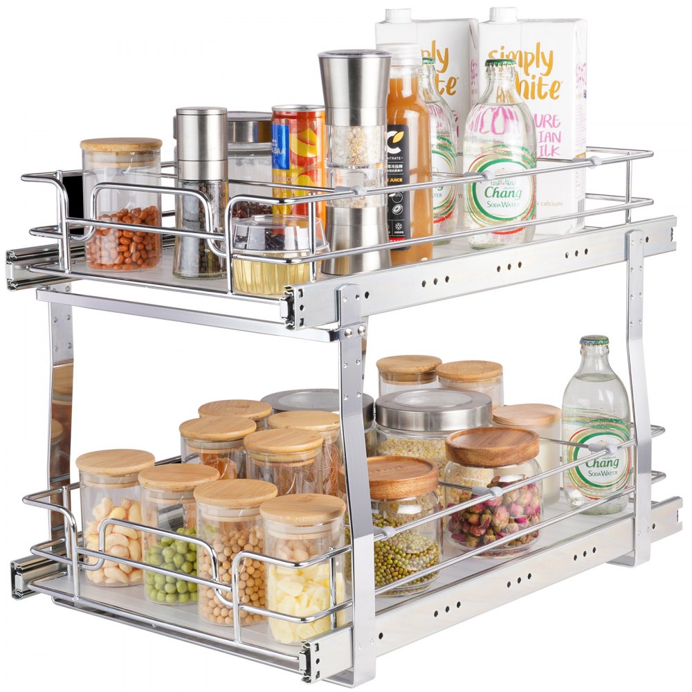 VEVOR 2 Tier 14"W x 21"D Pull Out Cabinet Organizer, Heavy Duty Slide Out Pantry Shelves, Chrome-Plated Steel Roll Out Drawers, Sliding Drawer Storage for Inside Kitchen Cabinet, Bathroom, Under Sink - HGS214W21D15H80OCV0